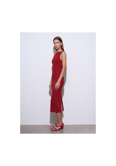 Dilvin 91099 Extra Slim Fit Midi Elbise-kırmızı-16464