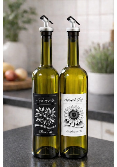 Zeytinyağı Ve Ayçiçek Yağı Şişesi Seti, Etiketli Ve Gri Yağdanlık Aparatlı, 750 Ml, 2 Adet