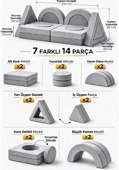 14 Parça Yapı Oyuncak Modüler Bebek Ve Çocuk 2'li Koltuğu Sarı