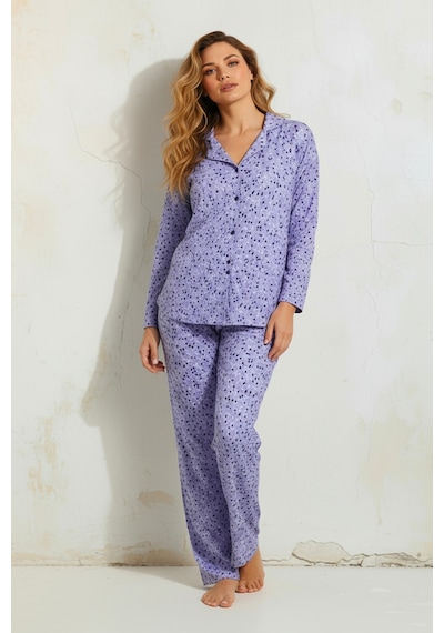 Süet Gömlek Pijama Takımı 7106 Çiçekli Lila LILA
