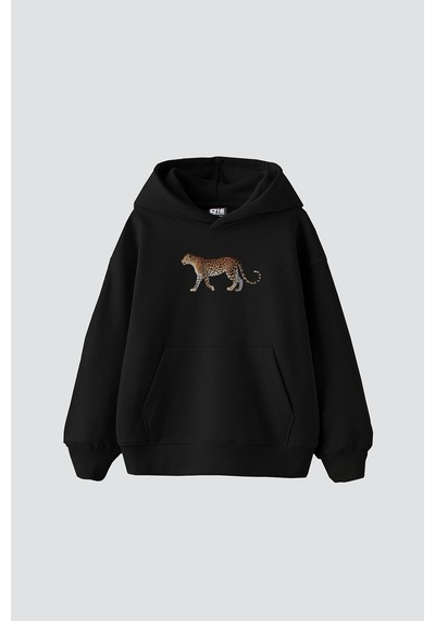 Tarzsokak Walking Leopard Baskılı Oversize Unisex Premium Siyah