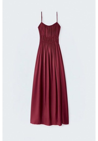 Sateen Askılı Uzun Elbise - Bordo-137495