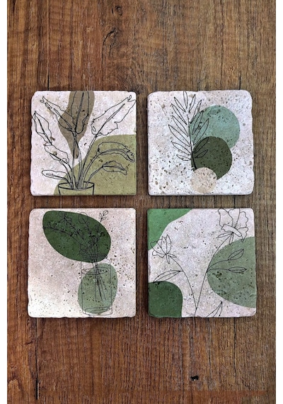 Doğal Taş Bardak Altlığı 4'lü Set - Yeşil Modern Desenler Baskılı Stone Coasters Çok Renkli