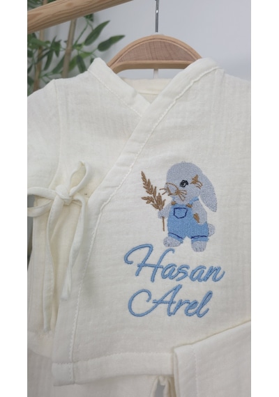 Gros Shop Müslin Yeni Doğan 4katlı Organik %100pamuk Kişiye Özgü Nakışlı Hastane Çıkış Seti Tavşan Model-4 Ekru