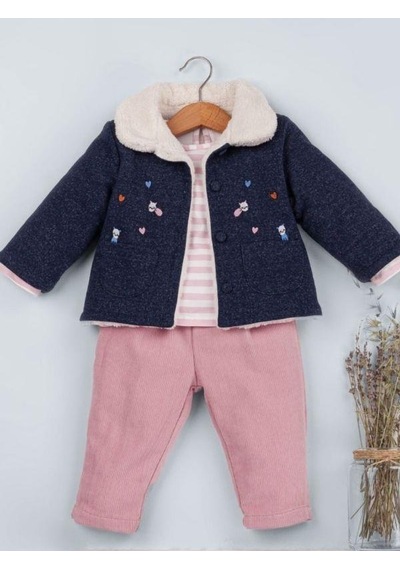 Baby Rose Kız Bebek Örme Kot Ceket Pantolonlu 3 Lü Takım-14925 Çok Renkli