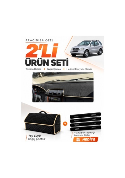 E-biz Mercedes W163 M-class 1997-2005 Uyumlu Torpido Örtüsü + Tay Tüyü Çanta - Siyah-bej - Mb016