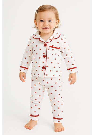 Kız Bebek Kalpli Pamuklu Pijama Takımı Uzun Kollu, 2 Li Set 08757 Beyaz