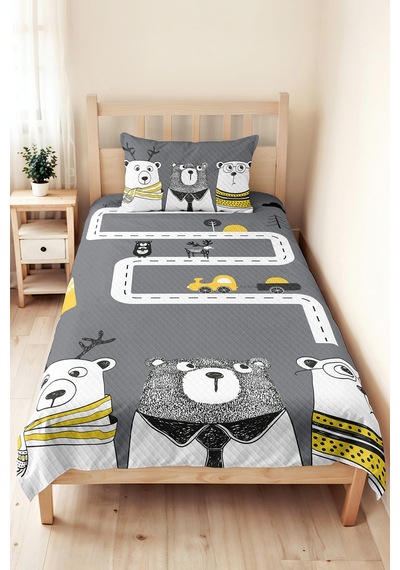Evimde Bambaşka Ayı Ve Araba Çocuk Odası Tek Kişilik Pike Takımı - Sarı İskandinav 160x220  CM Kapitone Yatak Örtüsü