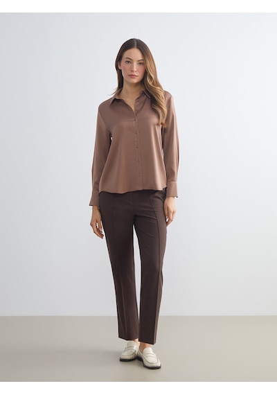 Lcwaıkıkı Classic Kahverengi Oversize Saten Kadın Gömlek