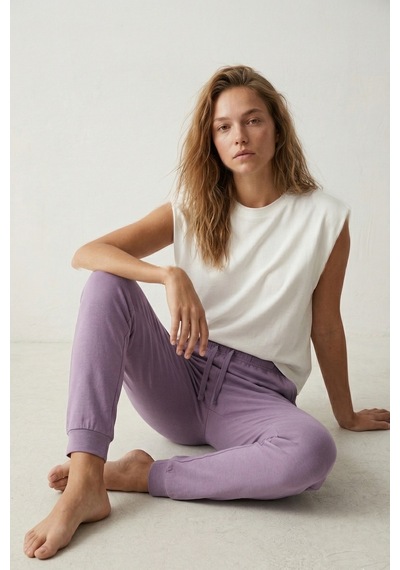 Elemge %100 Pamuk Compact Penye Süprem Kadın Pijama Altı Cepli Regular Fit Manşet Paça Esnek Terletmez Lila