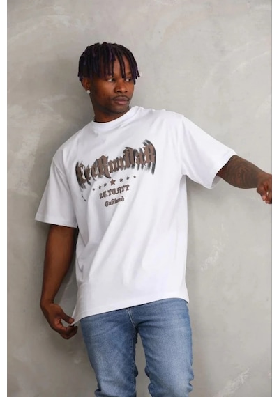 Erkek Baskılı T-shirt Kısa Kol Bisiklet Yaka Regular Fit Tişört - Beyaz Beyaz