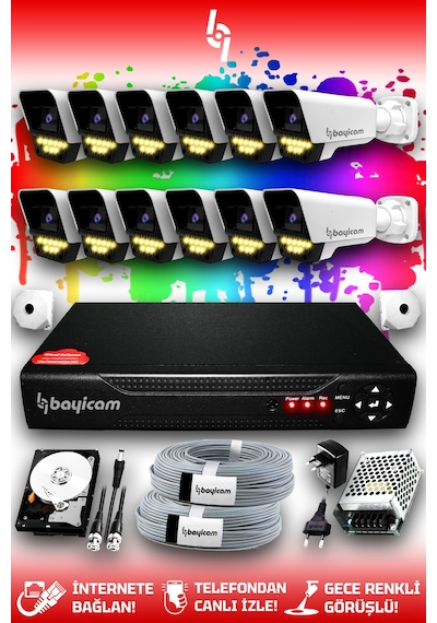 Bayicam 12 Kameralı Süper 12 Dış Kamera Set 320 GB 5 MP 2K Renkli Gece Görüşlü Güvenlik Kamerası Sistemi
