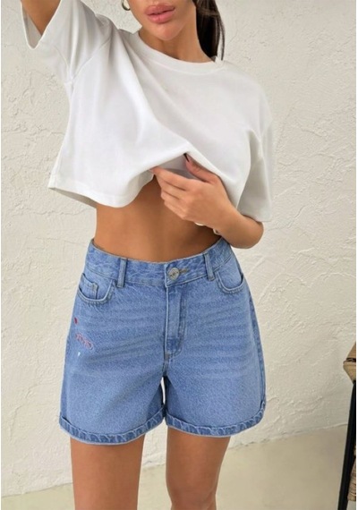 Kene Jeans Bacak Nakışlı Mavi İşlemli Kısa Kot Şort Mavi İşlemli