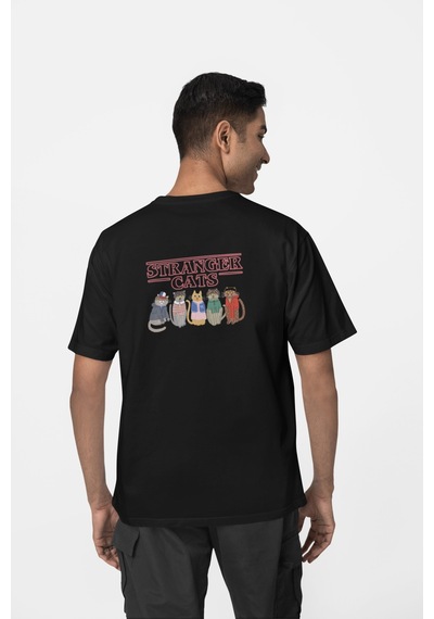 Stranger Cats Ön-arka Baskılı %100 Pamuk Beyaz Kadın/erkek Unisex Rahat Kalıp Oversize T-shirt Siyah Stranger Cats Ön-arka Baskılı %100 Pamuk Beyaz Kadın/erkek Unisex Rahat Kalıp Oversize T-shirt Siyah