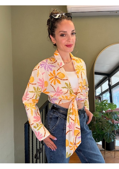 Ali Butik Desenli Önü Açık Crop Keten Gömlek
