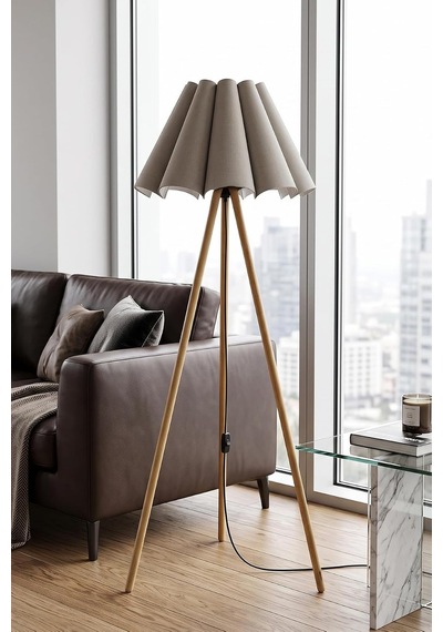 Woody Tripod Flora Cappuccino Zemin Lambaderi, Kumaş Başlıklı Ayaklı Lamba Ve Salon Oturma Odası Aydınlatması - Modern Dekoratif Yer Lambası Diğer