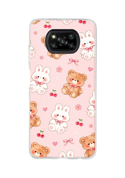 Poco X3-x3 Pro-nfc Uyumlu Pembe Ayıcıklı Ve Tavşanlı Kawaii Kiraz Baskılı Silikon Kılıf