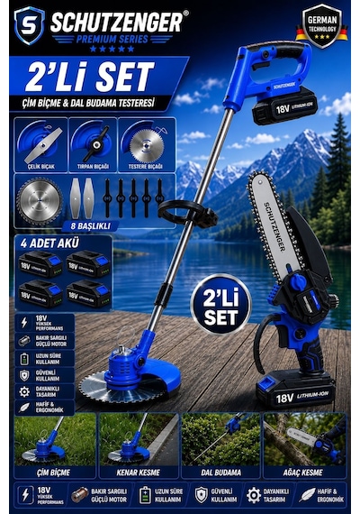 Schutzenger 2030TN 2 Set 4 Batarya Şarjlı Ot Çim Biçme Makinesi Tırpan 7 Başlıklar Ve Şarjlı Budama Testeresi Zinçirli 15cm Pala Mavi