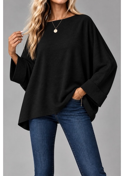 Oversize Yarasa Kol Bluz Siyah