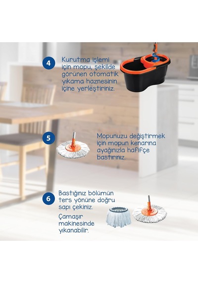 Focus Black Otomatik Temizlik Seti, Pedalsız Döner Sıkmalı 360 Başlıklı Mikrofiber Paspas 3 Paketi
