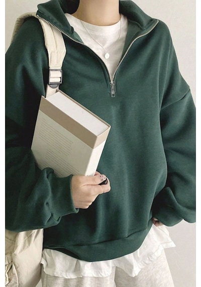 Ghassy Co. Kadın Pamuklu Oversize Silver Yarım Fermuarlı Sweatshirt Nefti