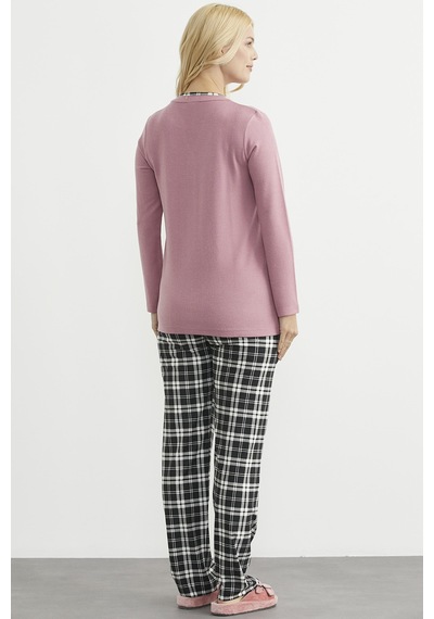 Sementa Ekose Kombinli Düğmeli Pijama Takım - Gül Kurusu Gül Kurusu