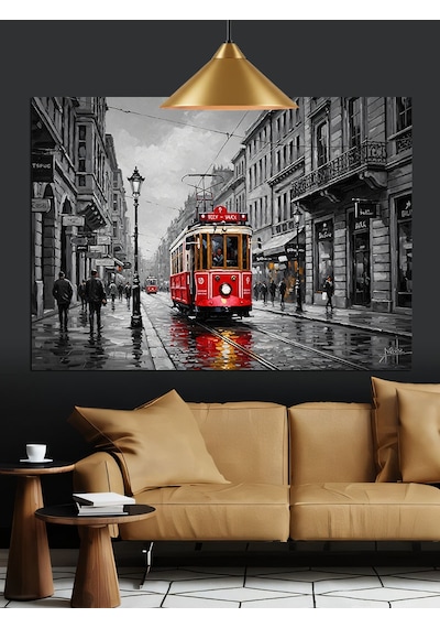 Kırmızı Tramvay Eski Şehir Dekoratif Kanvas - Mdf Ahşap Tablo
