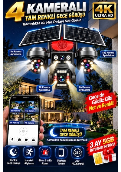 4g Solar Güvenlik Kamerası 4 Kameralı 3 Ptz Çift Solar Panel İnsan Takip Gece Görüş Siren Ip66