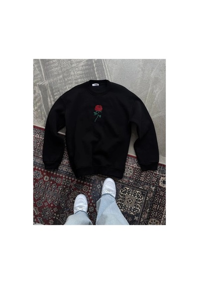 Kadın Oversize Kapüşonlu Cepli Gül Baskılı 3 İplik Pamuklu Hoodie Sweatshirt - Siyah