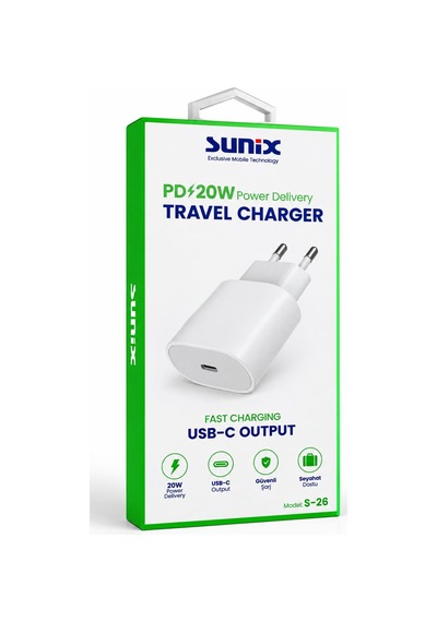 Sunix S26 20w Hızlı Şarj Adaptörü Type-c Şarj Başlığı Beyaz