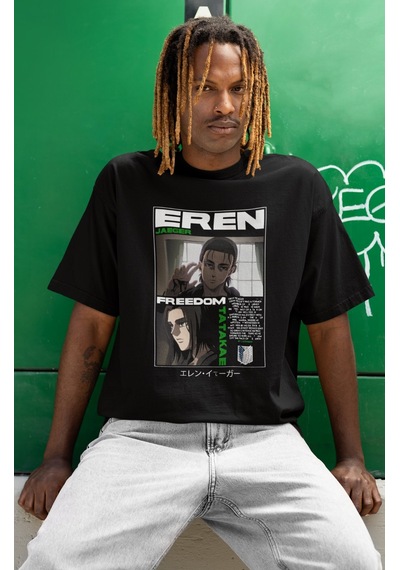 Tasarım Eren Yeager Freedom Tatakae Baskılı Unisex Oversize Anime Siyah