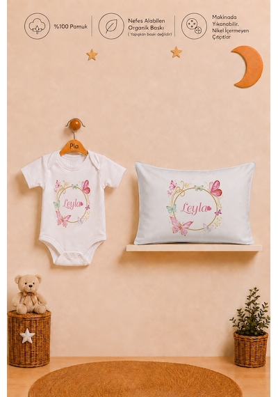 Pia Baby İsme Özel Kız Bebek Hediyesi %100 Pamuk Organik Baskılı Body Yastık Kılıfı Ve Ham Bez Kıyafet Kesesi 1077byk0x Ekru