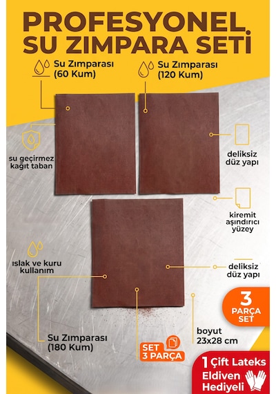 23x28 Cm Su Zımparası Seti 60 120 180 Kum 3 Parça Islak Kuru Temizleme Ve Yüzey Zımparası + Eldiven