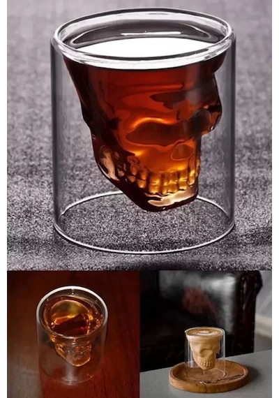 3'lü Kuru Kafa Tasarımlı Çift Cidarlı Cam Bardak Kahve Sunum Bar