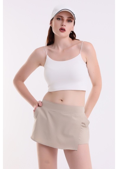 Winmoda34 Kadın Spor Şortlu Tenis Eteği 2 Cepli Bej