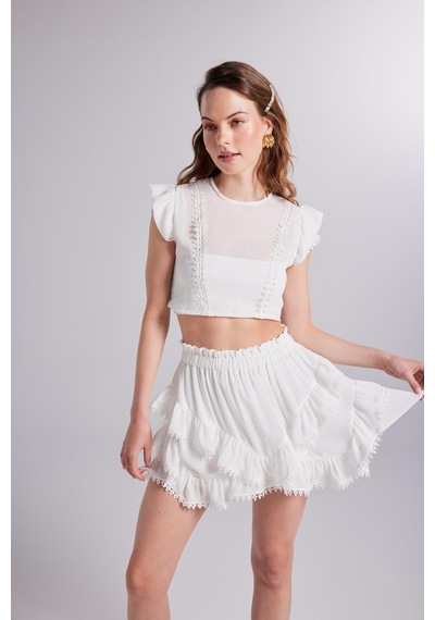 Holly Lolly Brode Detaylı Crop Pixie Bluz Beyaz