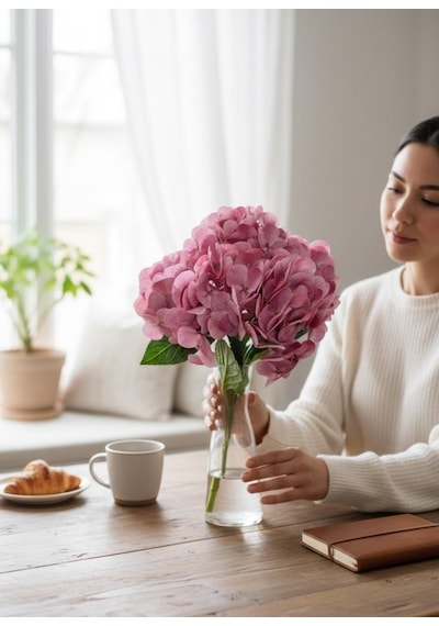 Yapay Çiçek Islak Ortanca Çiçeği Pembe Koyu 45cm 5dal Islak Gerçeksi Dokulu Pembe