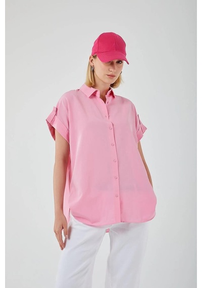 Mixray 3967 Kadın Apoletli Kısa Kol Oversize Gömlek Şeker Pembe