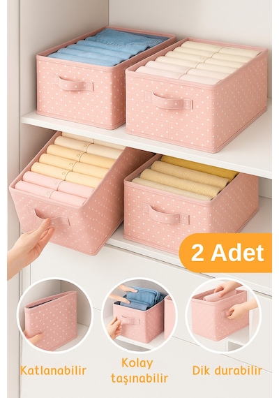 Serstil 2 Adet - Kıyafet Saklama Kutusu Katlanabilir Dolap Içi Düzenleyici 45x25x20cm - Pembe Benekli Pembe Puantiye