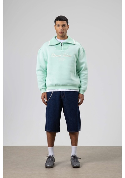 Vamos Oversize Fermuarlı Yaka Sweatshirt Mint