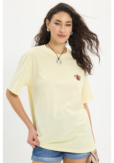 Tudors Kadın Oversize Geniş Kesim %100 Pamuk Bisiklet Yaka Kısa Kollu Baskılı Sarı Tişört-50345