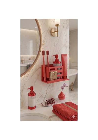 Rosdeer Yapışkanlı Kırmızı Banyo Düzenleyici Raf - Delme Gerektirmeyen Diş Fırçalık Ve Macun Standı Kırmızı