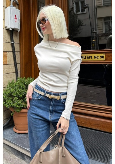 Seeh Beyaz Kadın Off Shoulder Uzun Kollu Bluz Sh327