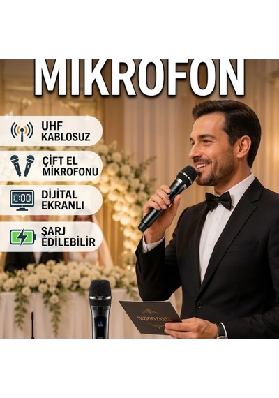 Yeni Nesil Uhf Kablosuz Çift El Mikrofonu Seti Dijital Ekranlı Şarj Edilebilir