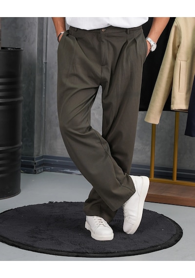 Modefendi Baggy Kalıp Pile Detaylı Kumaş Pantolon Haki
