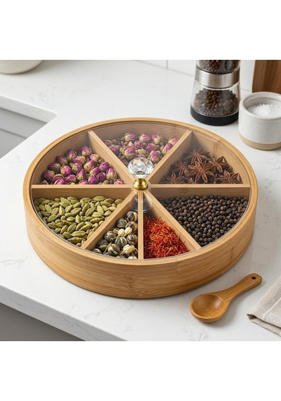 Deconox 30 Cm Bambu Bölmeli Sunumluk - Kristal Kulplu Kırılmaz Şeffaf Kapaklı Çerezlik, Kahvaltılık Ve Draje Tab Diğer