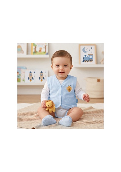 Bambık Nayinom Arı Nakışlı Penye Bebek Yeleği 0-12 Ay Mavi Mavi