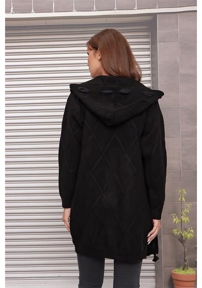 Aqe Fashion Kapüşonlu Kabartma Desenli Şerit Garnili Siyah Hırka Siyah