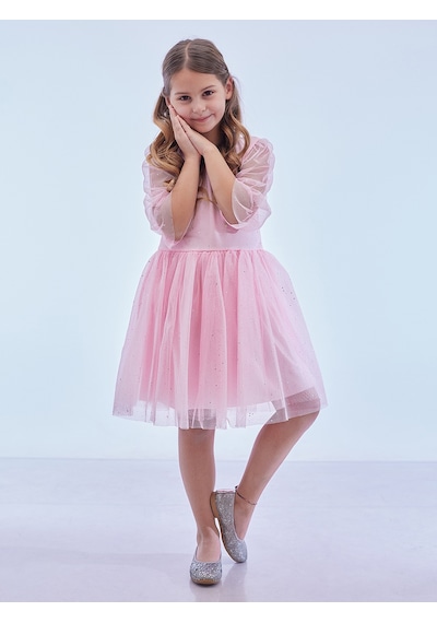 Ahengim Kız Çocuk Yıldız Baskılı Trend Tül Elbise Ak2246 Pembe