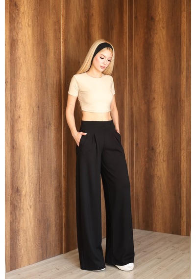 Ozy Fashion Kadın Modal Kumaş Yüksek Bel Pileli Geniş Paça Cepli Eşofman Altı Siyah